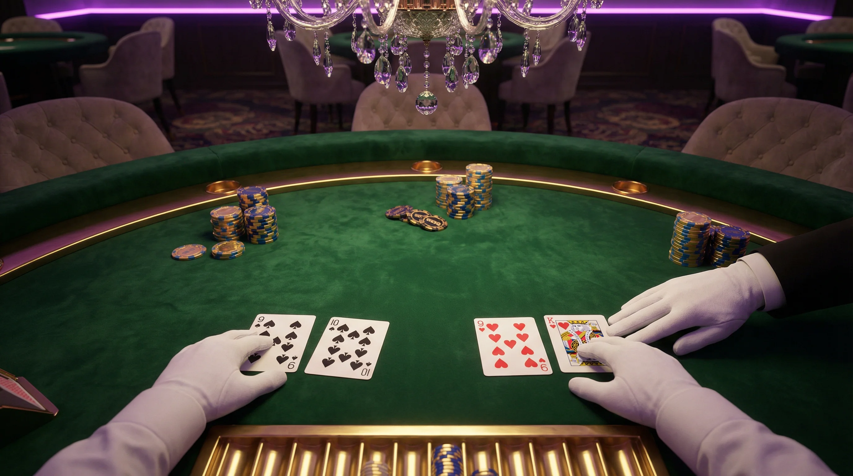 Mesa de bacará VIP con cartas y fichas